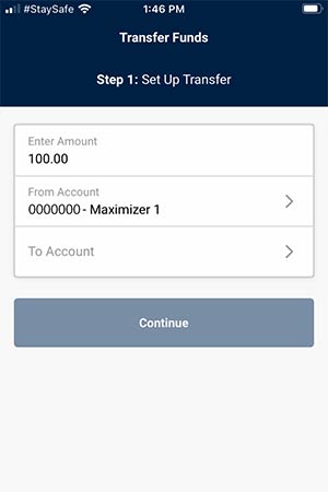 Mobile Transfer funds Transfer funds screen on mobile