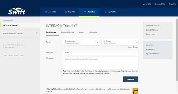 Transfer funds online banking screen with e-transfer